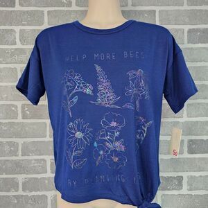 SO Save The Bees Floral Graphic T-Shirt Side Tie Navy Blue Girls Large 10-12 NEW